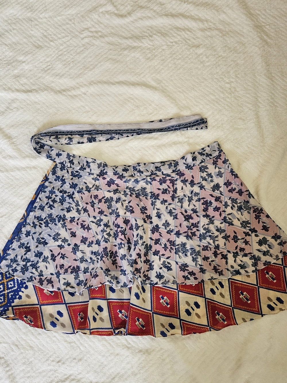 Floral Mixed-Print Wrap Skirt - Blue/Pink